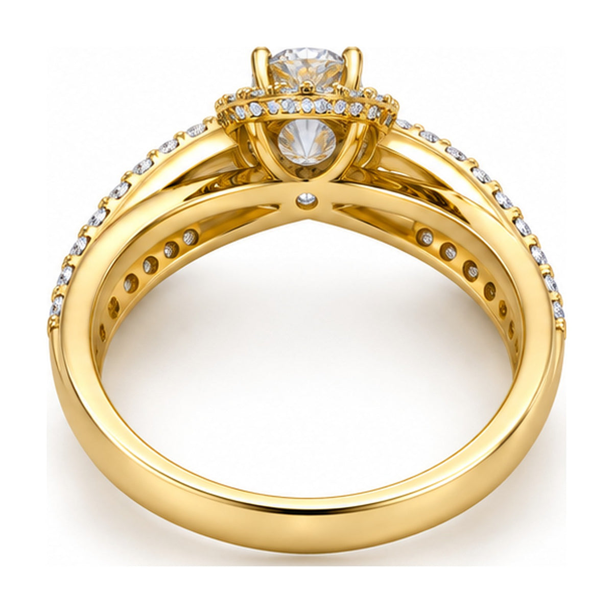 Round halo triple band criss-cross engagement ring back view