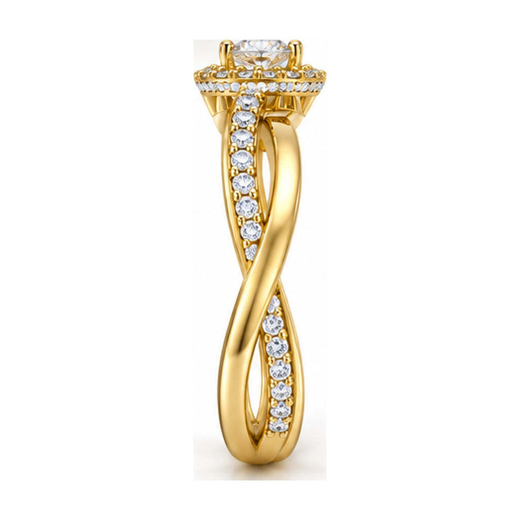 Round halo triple band criss-cross engagement ring side view