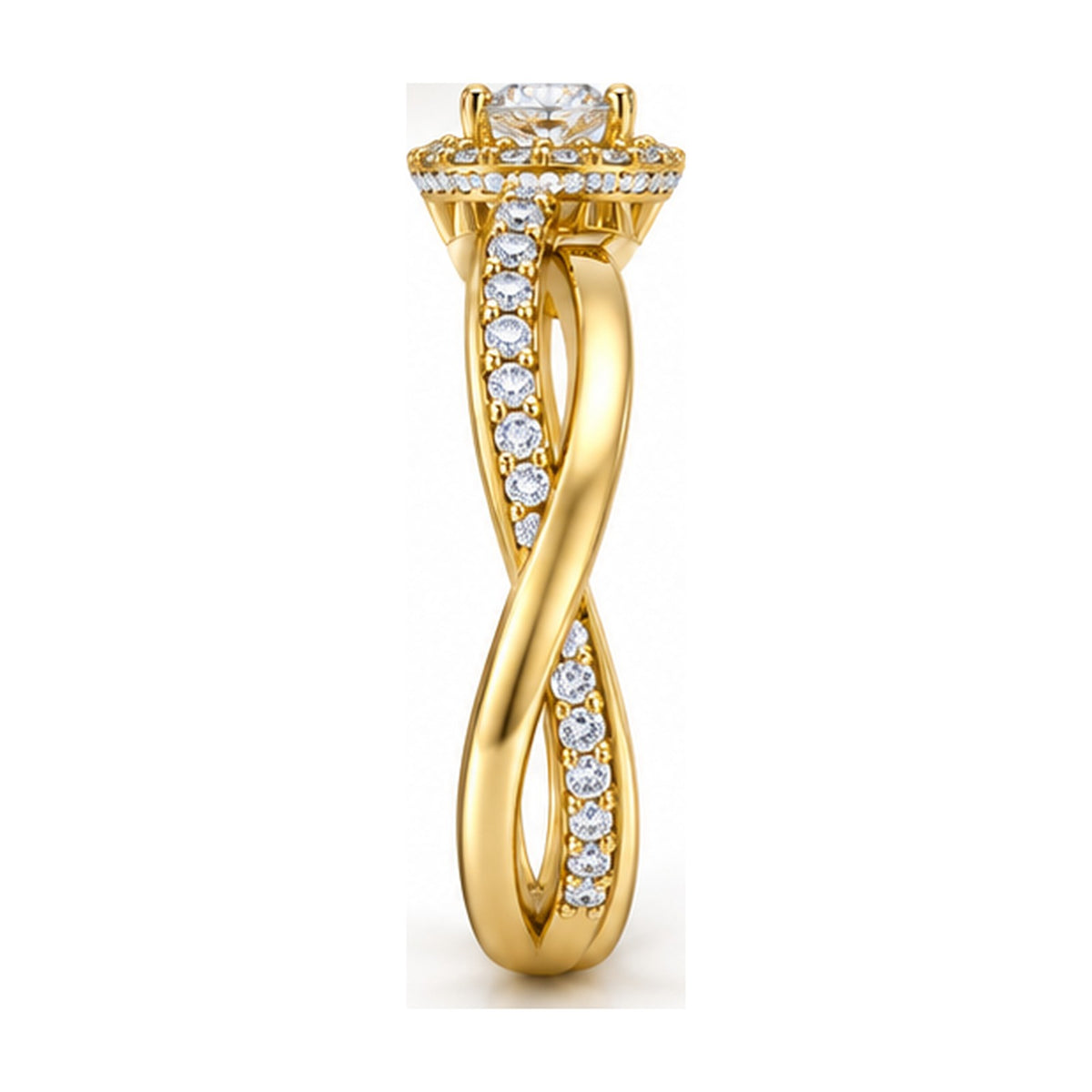 Round halo triple band criss-cross engagement ring side view