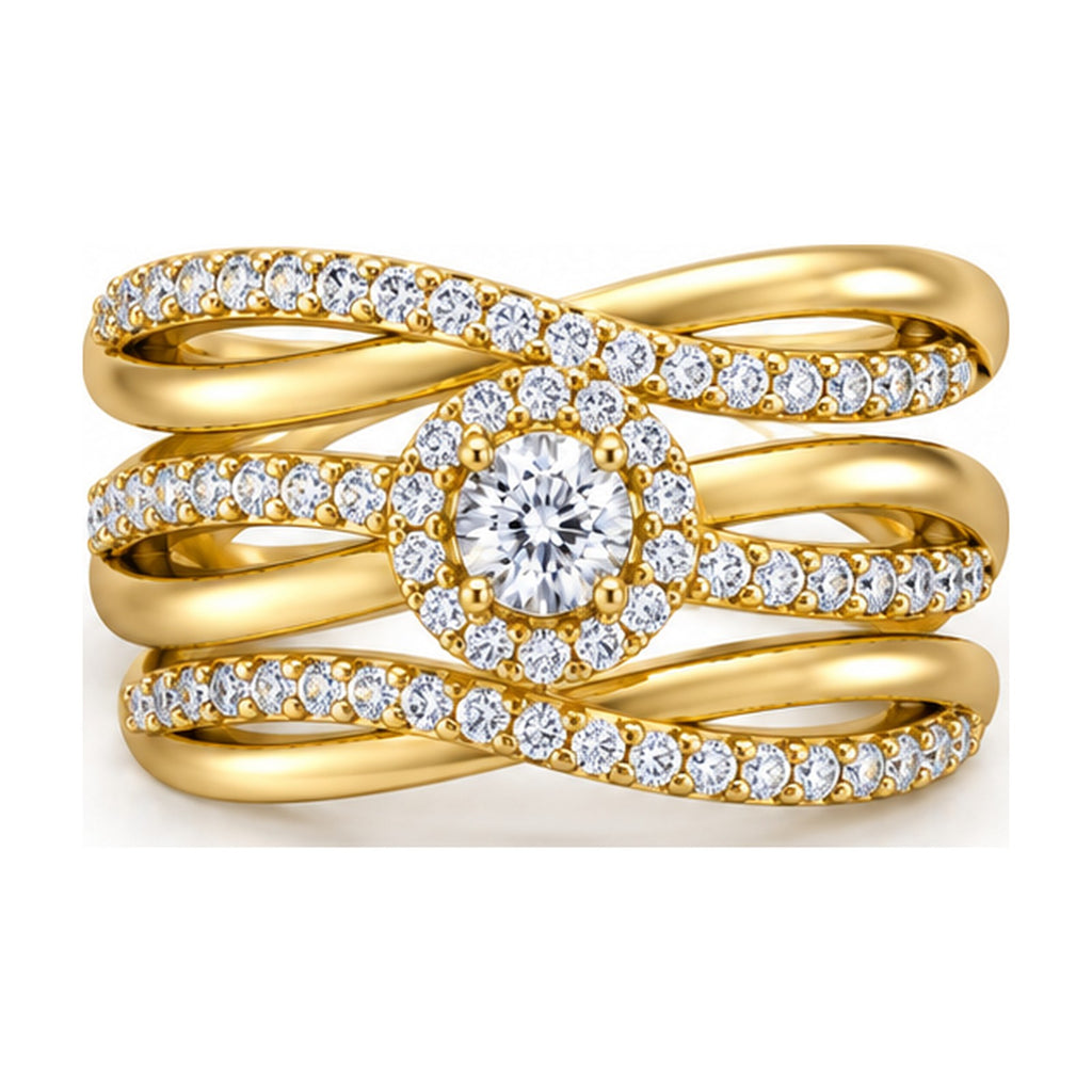 Round halo triple band criss-cross engagement ring top view