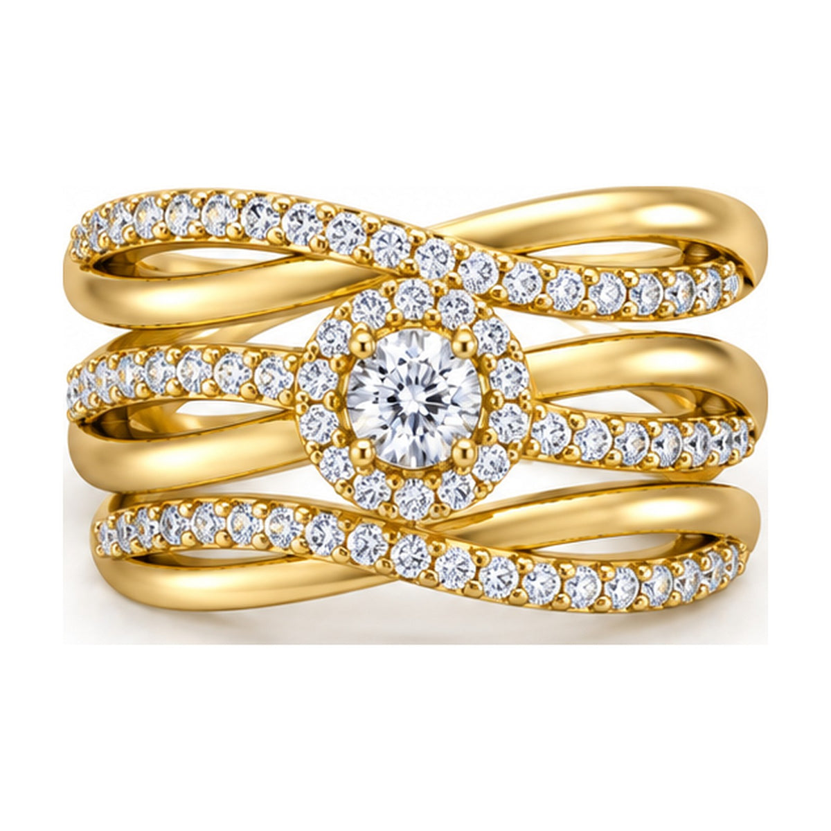 Round halo triple band criss-cross engagement ring top view