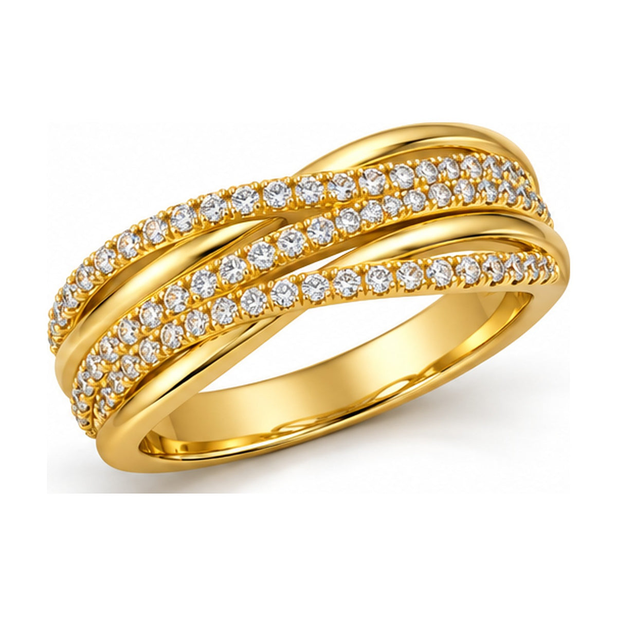 Wide triple crossover pave band angled view