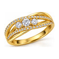 Three stone crossover split shank engagement ring angled view