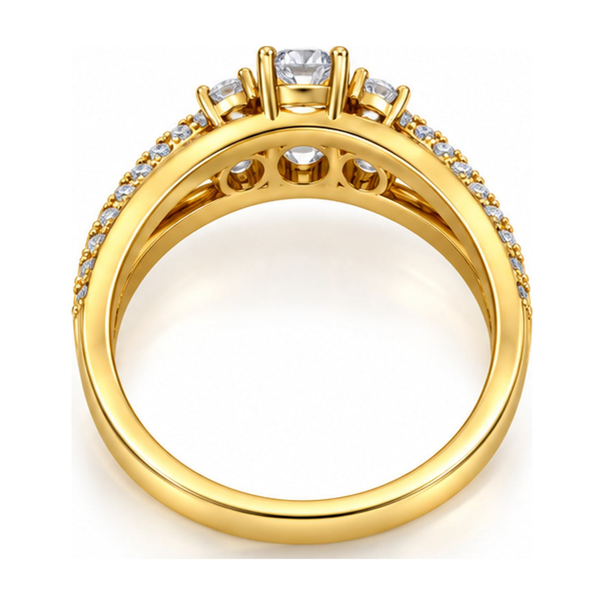 Three stone crossover split shank engagement ring back view