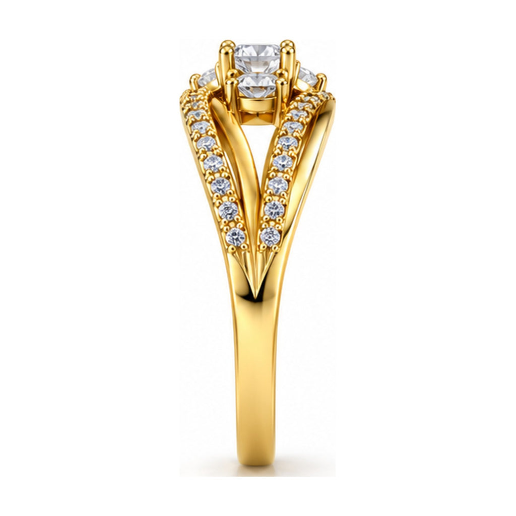 Three stone crossover split shank engagement ring side view