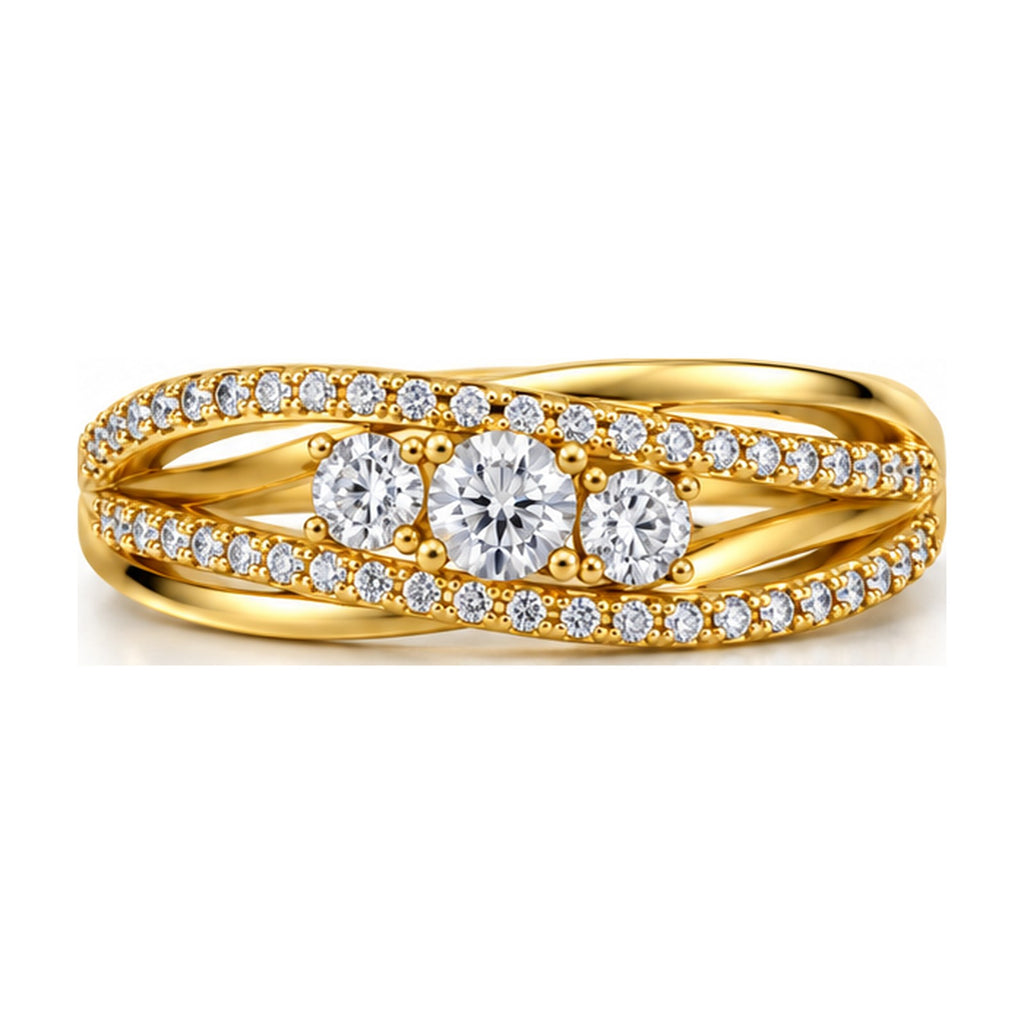 Three stone crossover split shank engagement ring top view