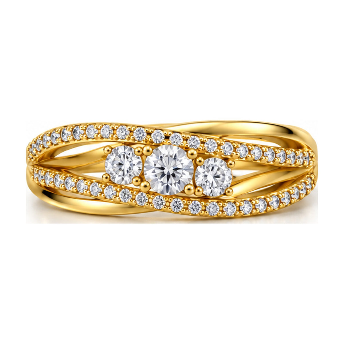 Three stone crossover split shank engagement ring top view