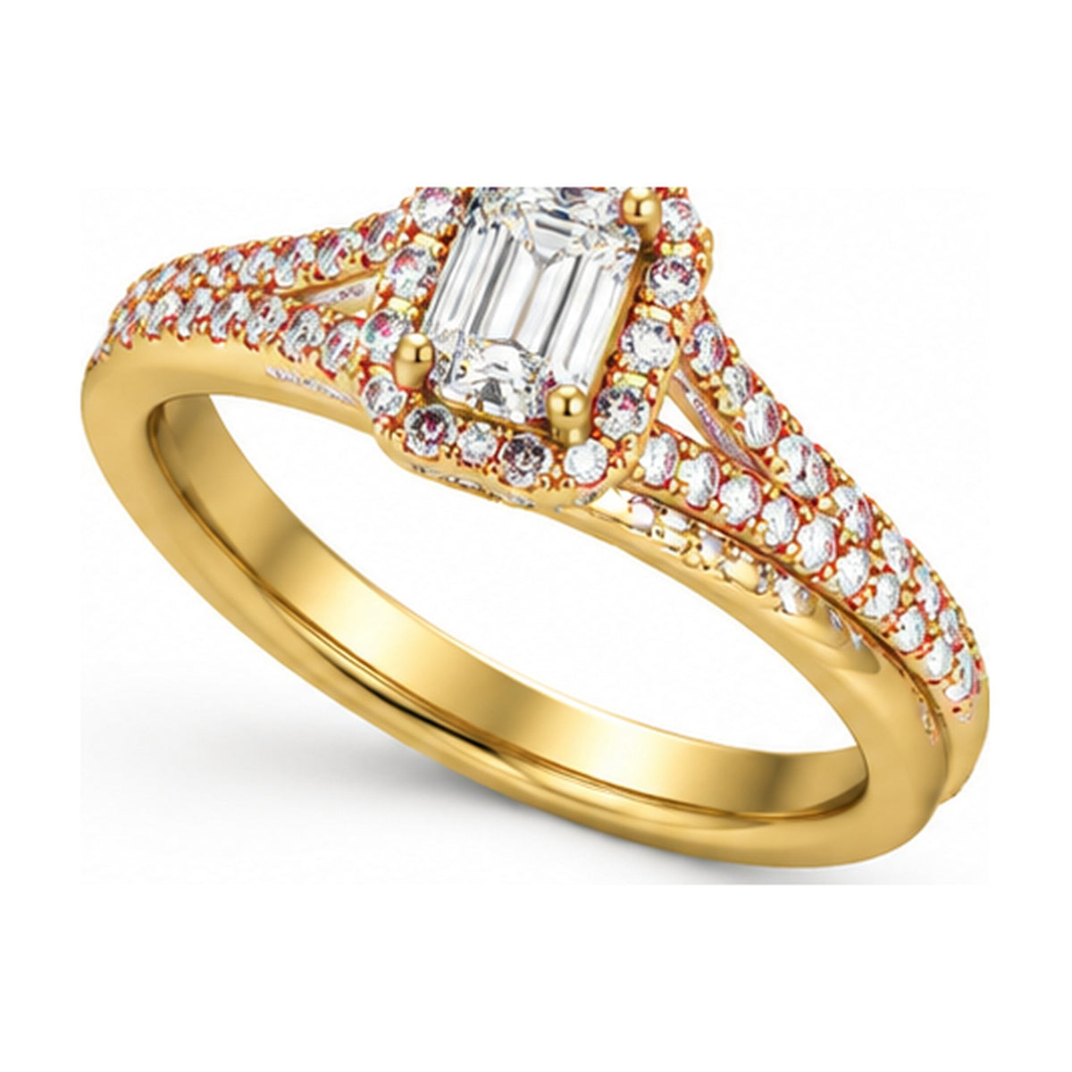 Emerald Cut Halo Split Shank Engagement Ring angle view