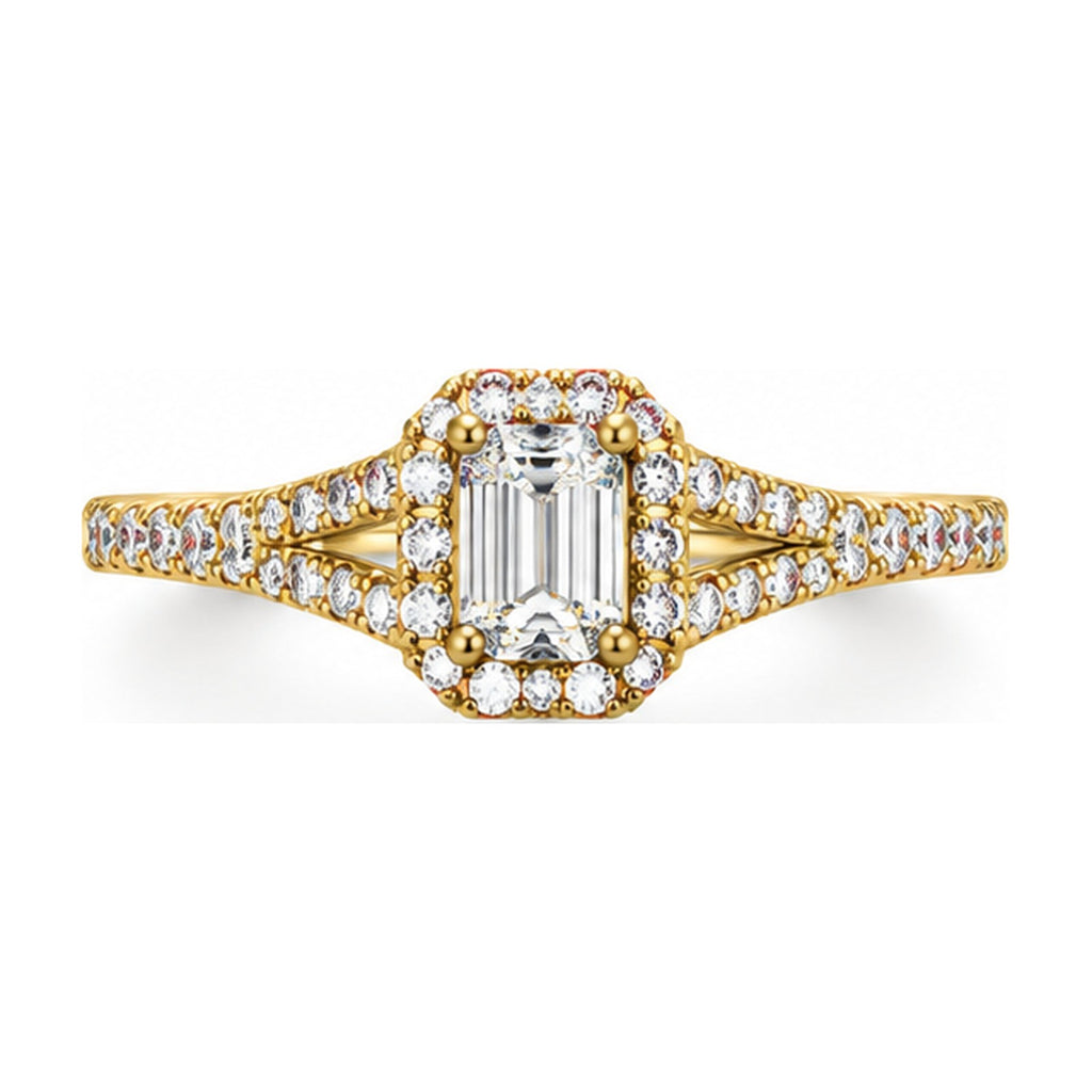 Emerald Cut Halo Split Shank Engagement Ring top view