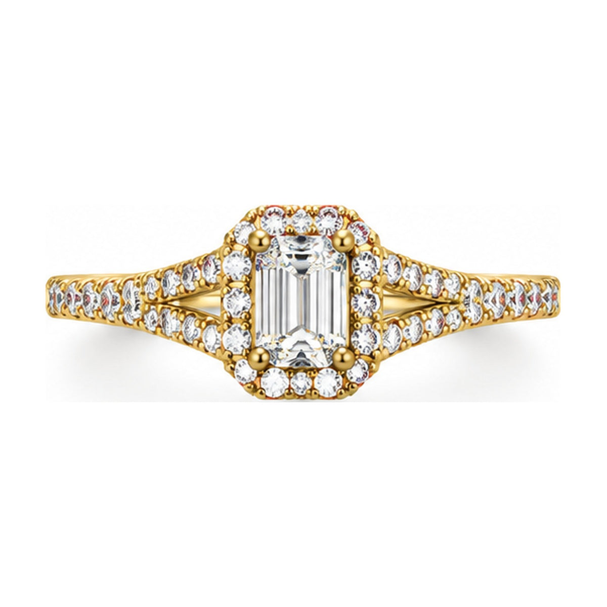 Emerald Cut Halo Split Shank Engagement Ring top view