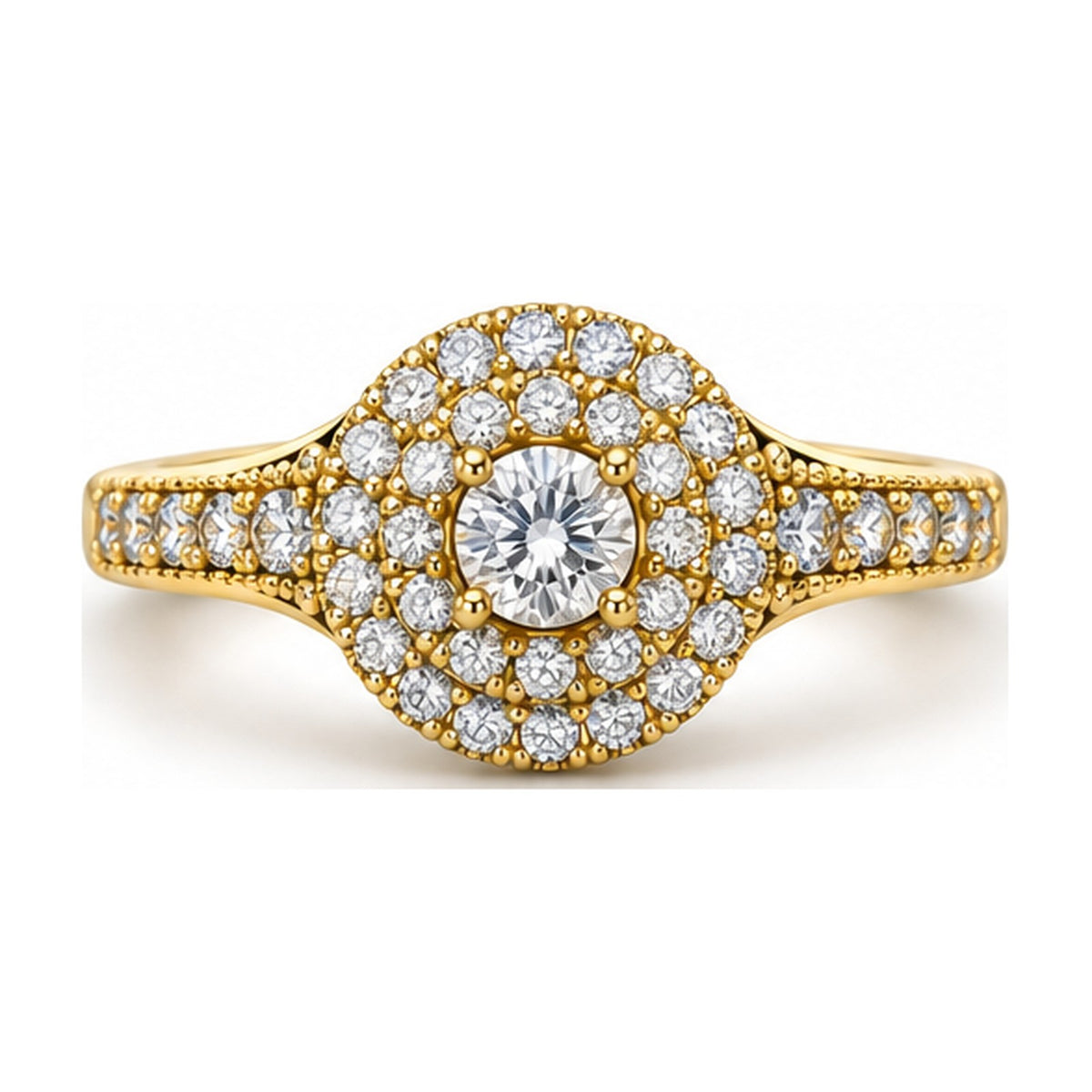 Double Halo Round Moissanite Engagement Ring, 0.33 ct top view