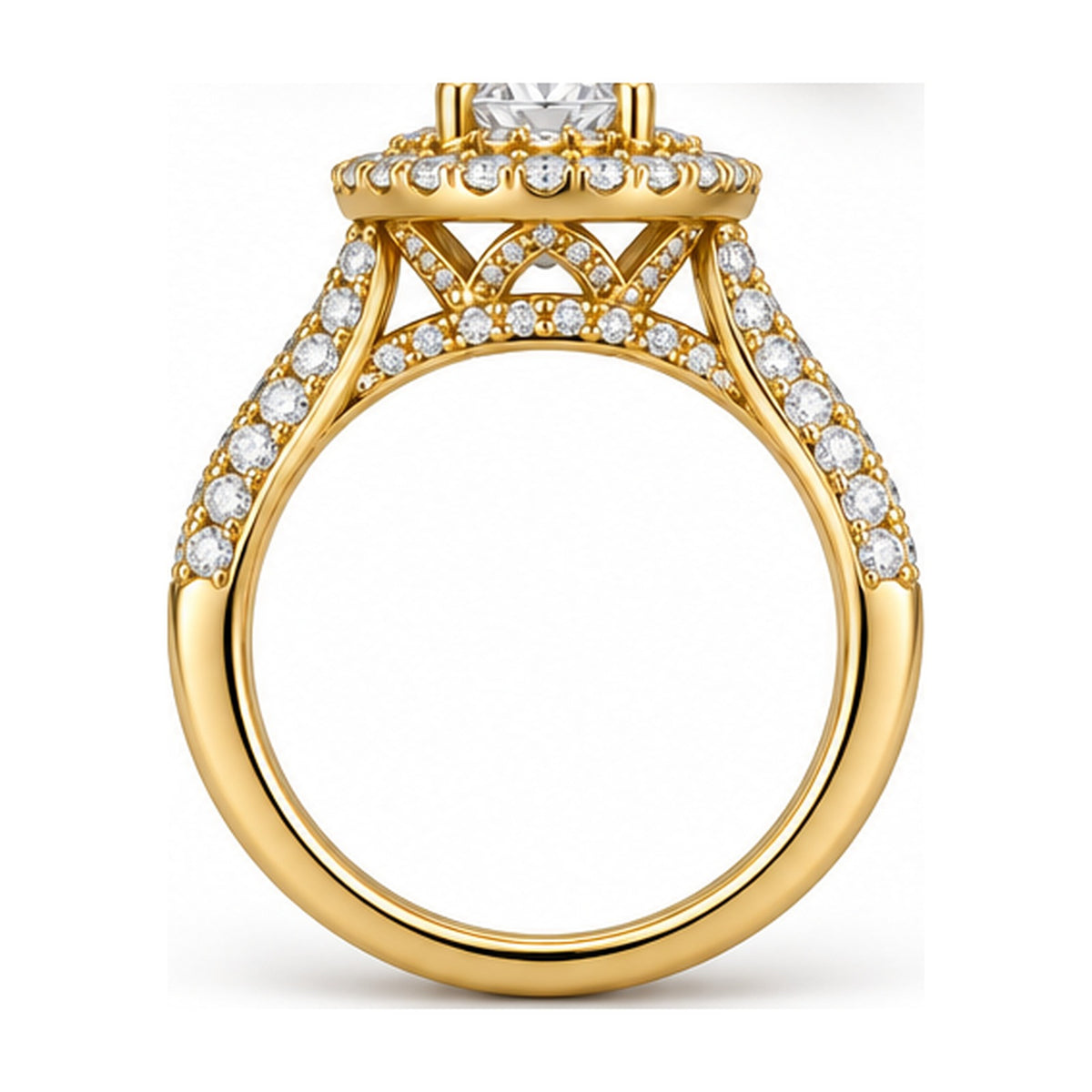 Double Halo Round Moissanite Engagement Ring, 0.75 ct side view