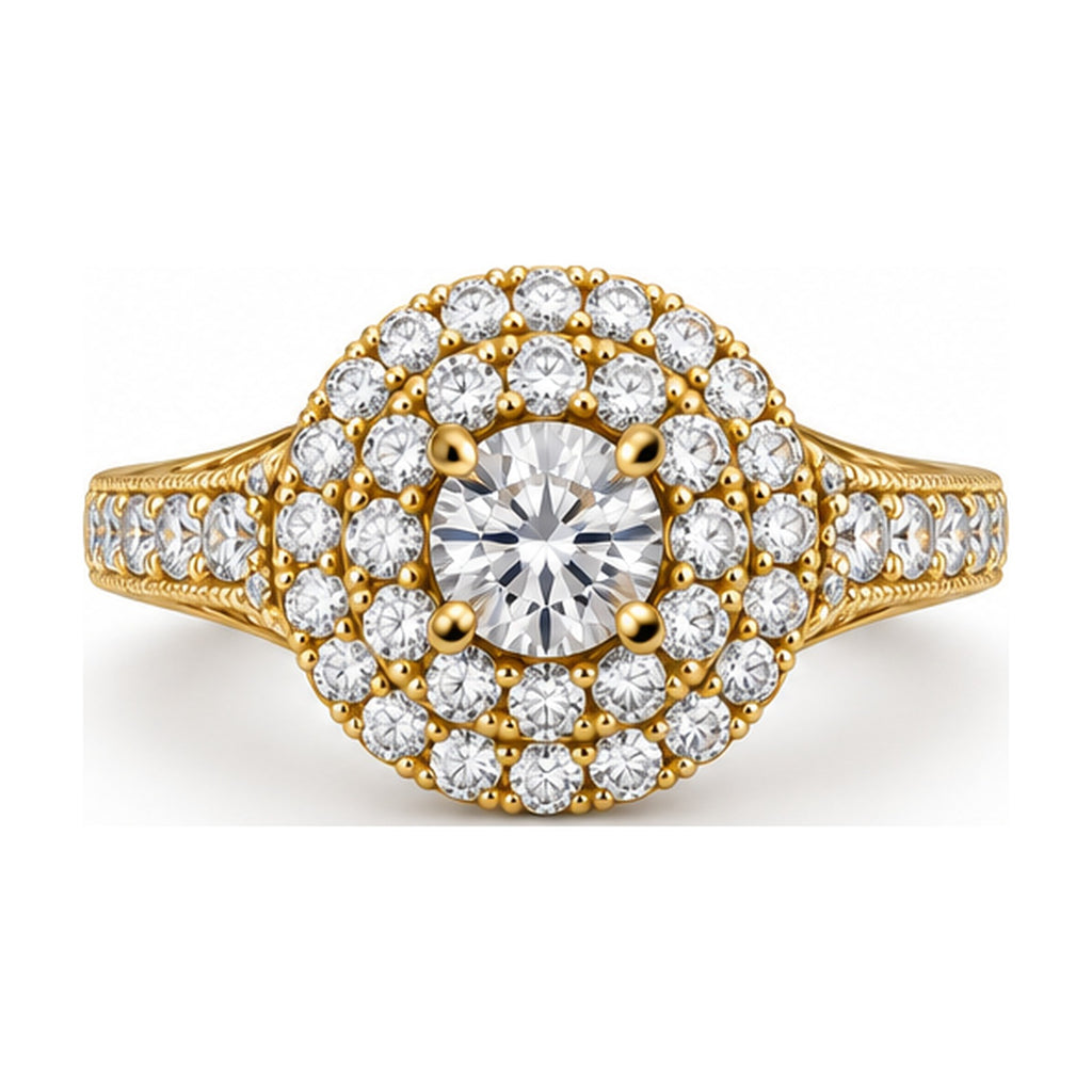 Double Halo Round Moissanite Engagement Ring, 0.75 ct top view