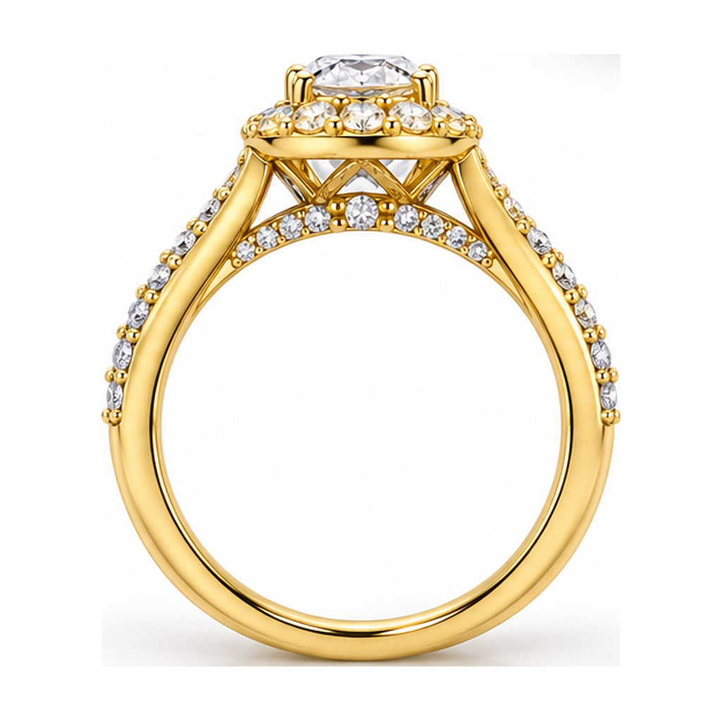 Oval Halo Moissanite Engagement Ring with Pavé Split Shank, 0.33 ct side view