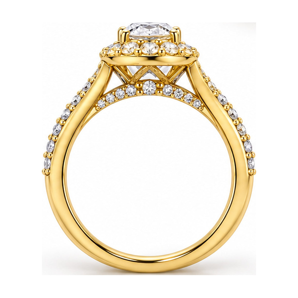 Oval Halo Moissanite Engagement Ring with Pavé Split Shank, 0.33 ct side view
