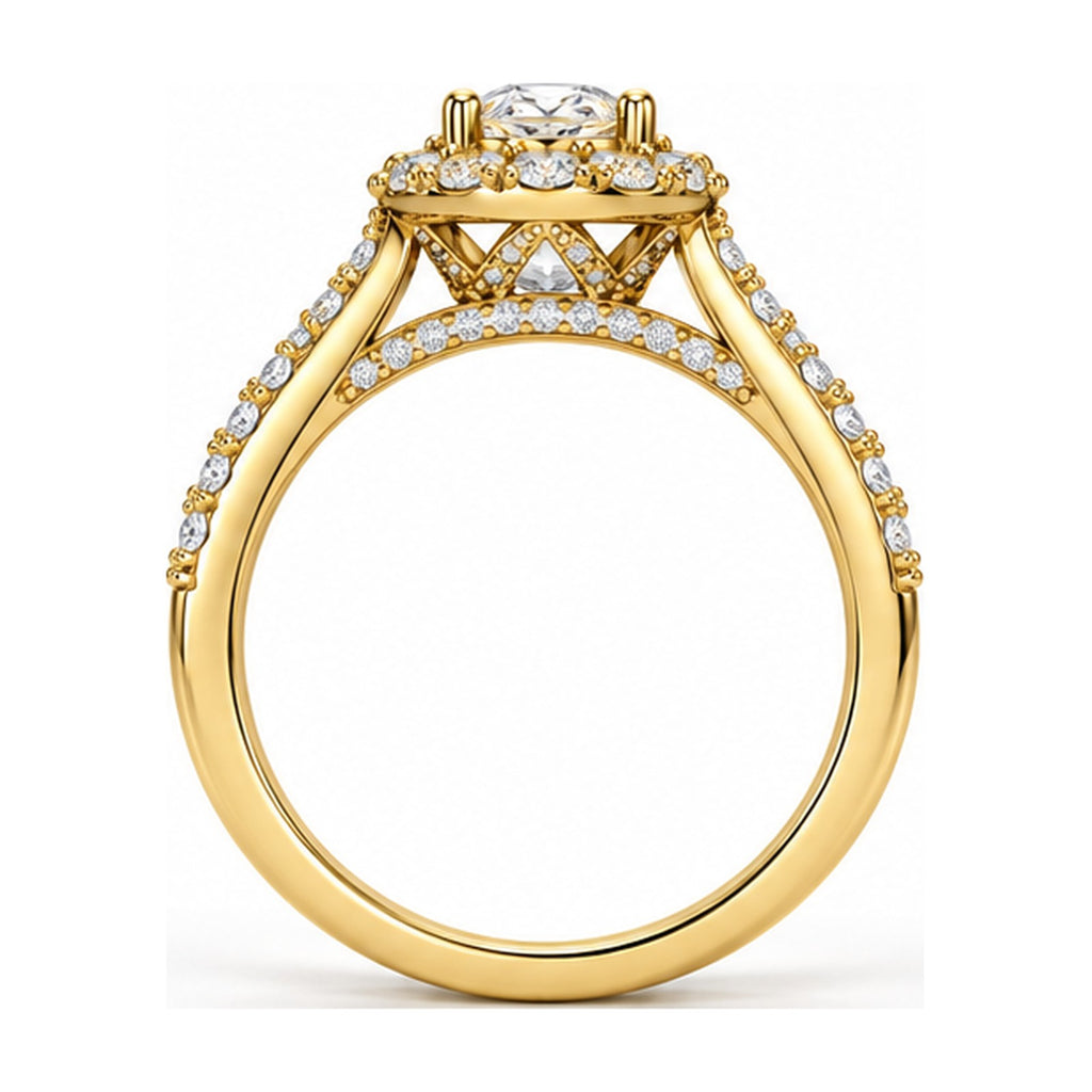 Oval Halo Moissanite Engagement Ring with Pavé Split Shank, 0.50 ct side view
