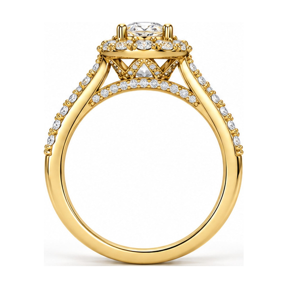 Oval Halo Moissanite Engagement Ring with Pavé Split Shank, 0.50 ct side view