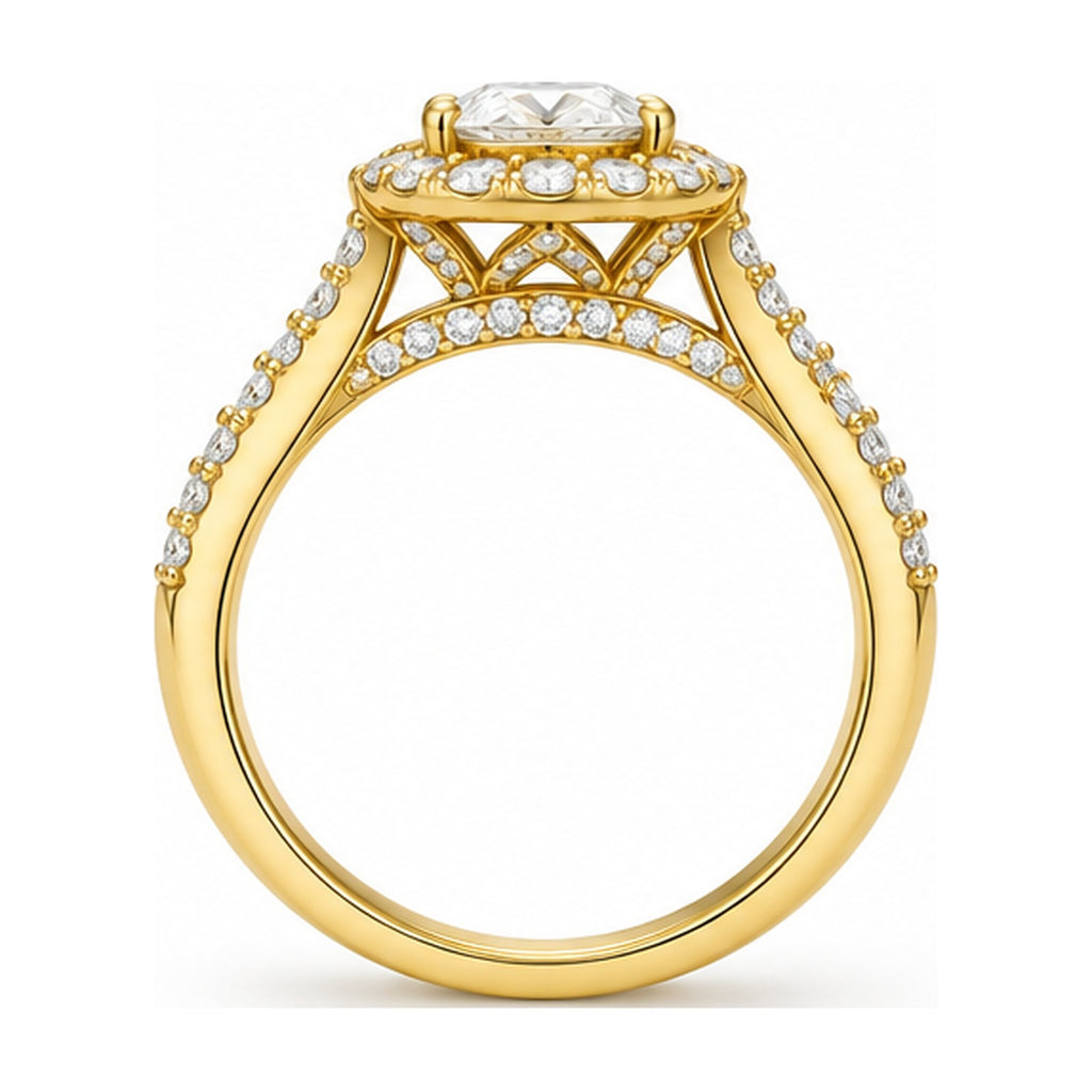 Oval Halo Moissanite Engagement Ring with Pavé Split Shank, 0.75 ct side view