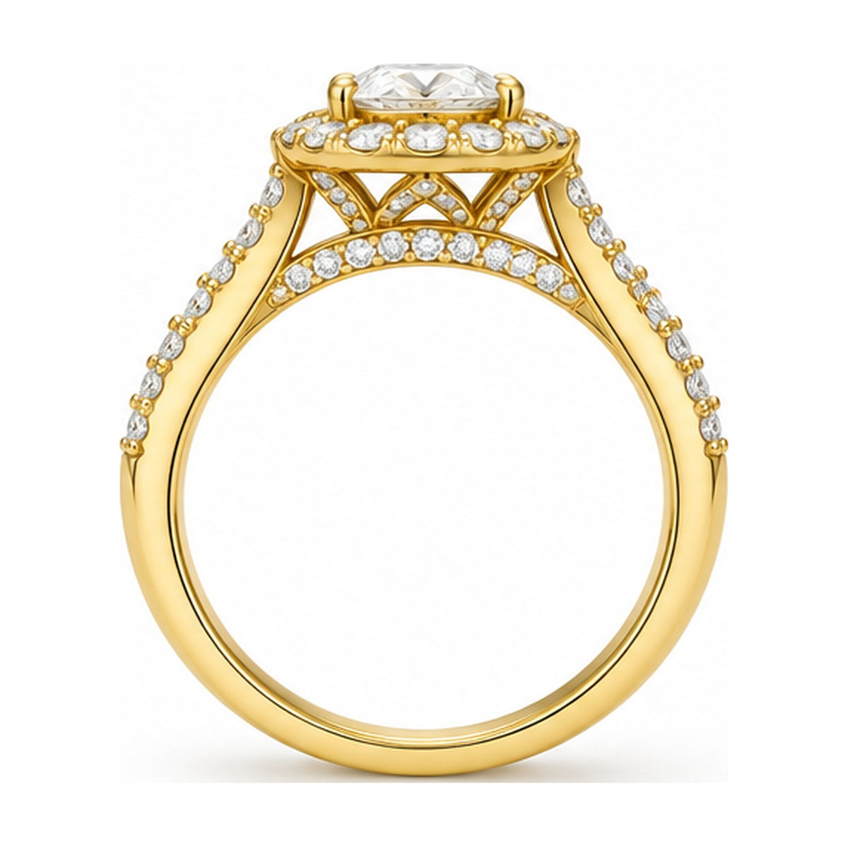 Oval Halo Moissanite Engagement Ring with Pavé Split Shank, 0.75 ct side view