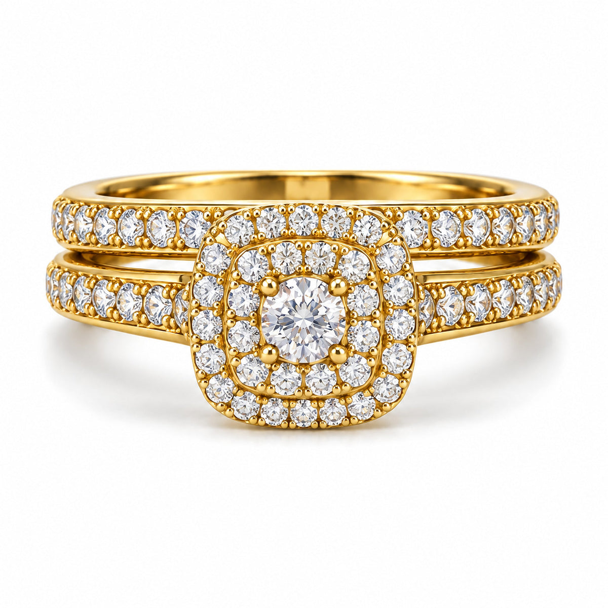 Cushion Double Halo Bridal Ring Set front view