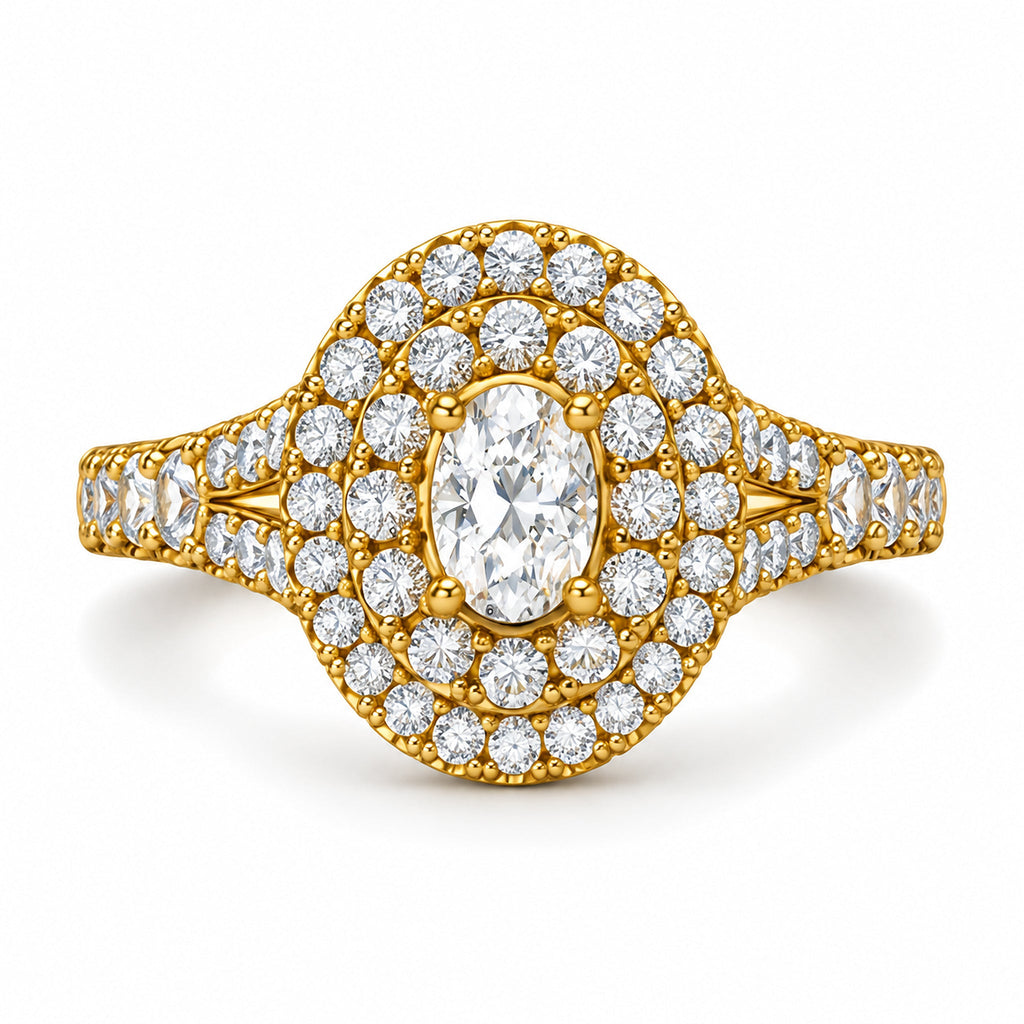 Oval Double Halo Split Shank Engagement Ring, 0.33 ct front view