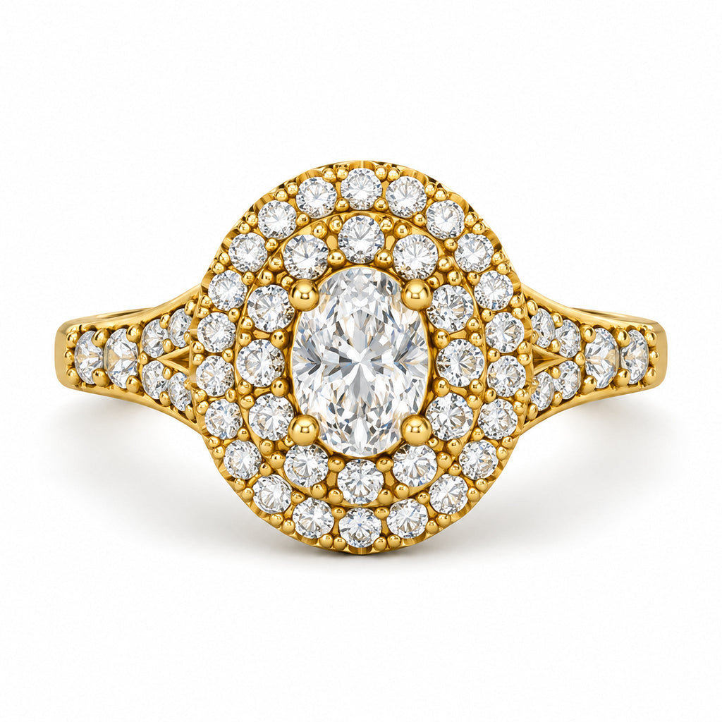 Oval Double Halo Split Shank Engagement Ring, 0.50 ct front view