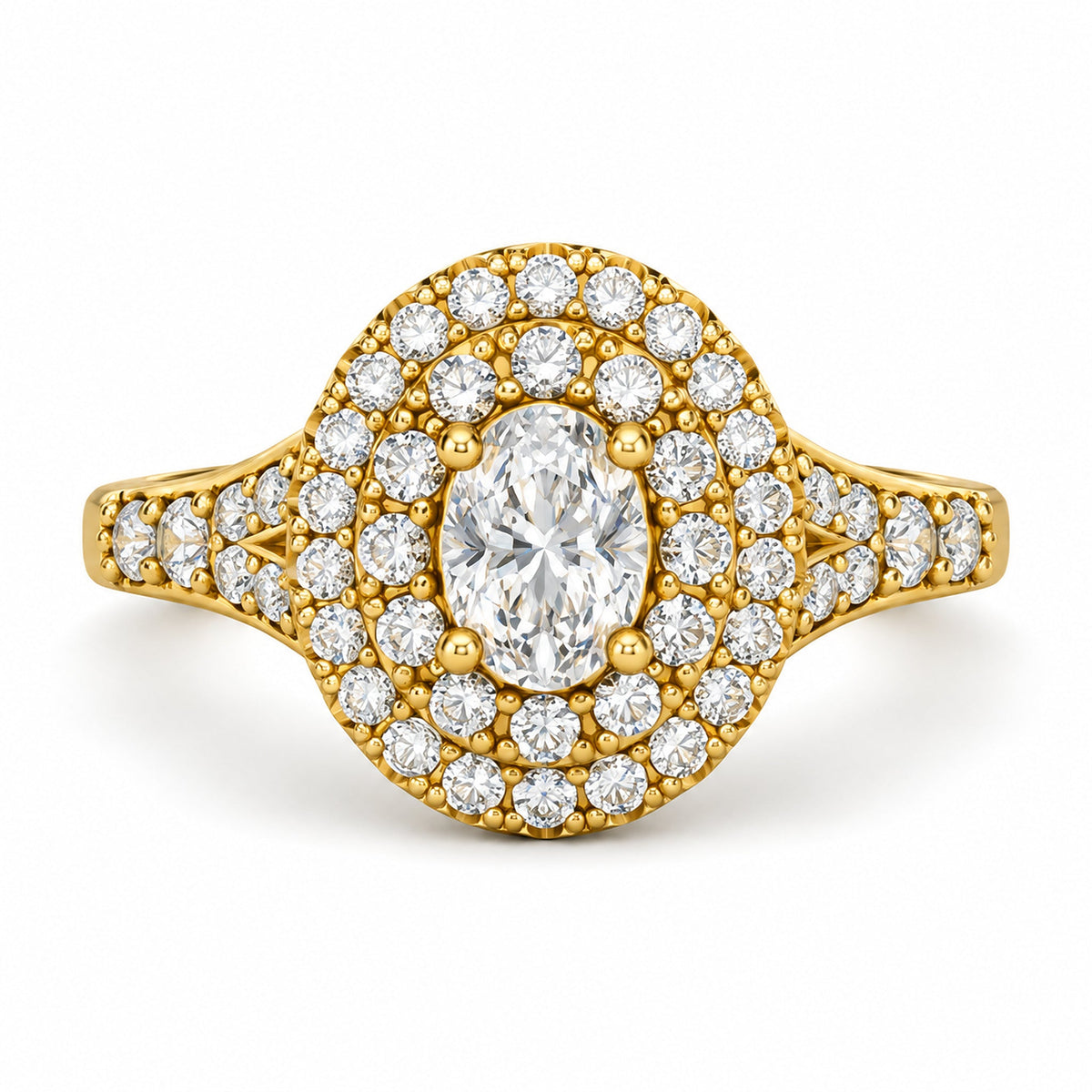 Oval Double Halo Split Shank Engagement Ring, 0.50 ct front view