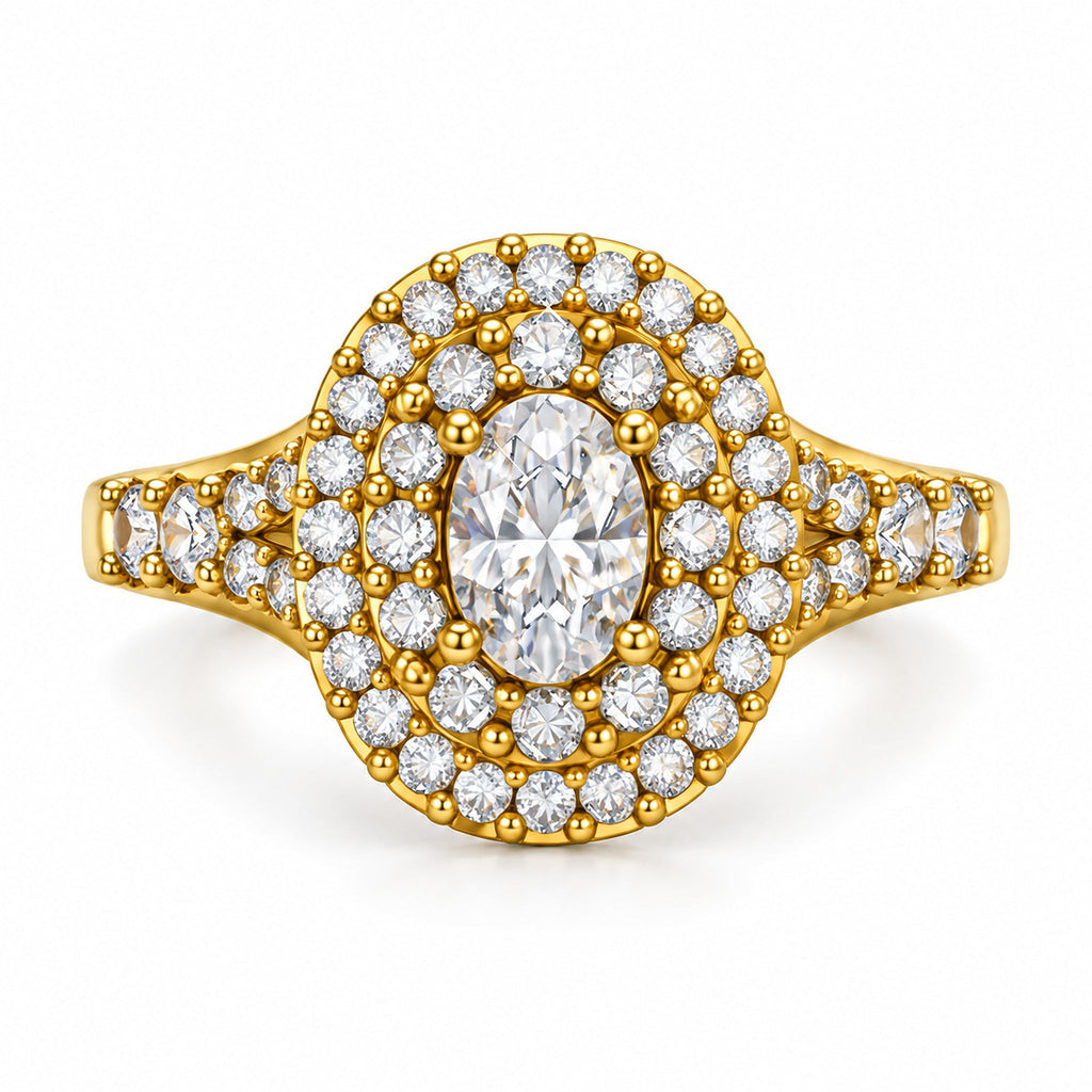 Oval Double Halo Split Shank Engagement Ring, 0.75 ct front view