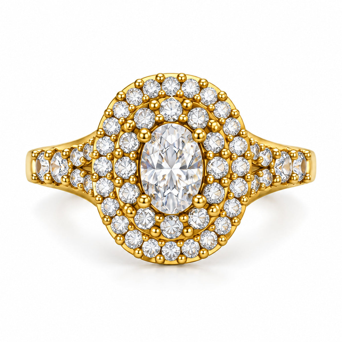 Oval Double Halo Split Shank Engagement Ring, 0.75 ct front view