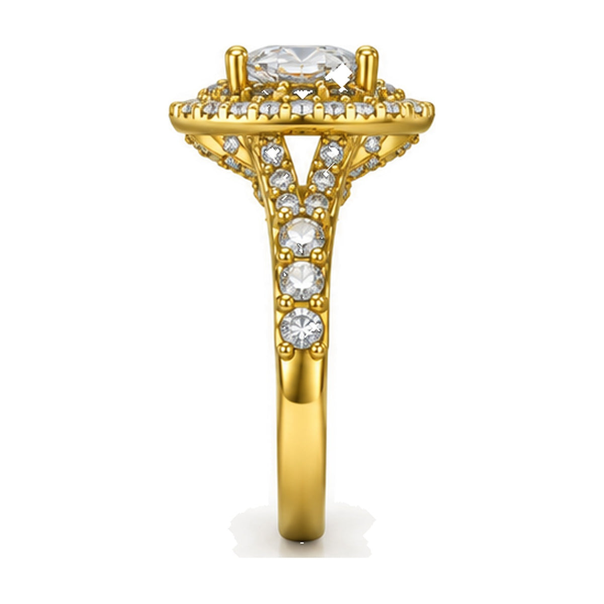 Oval Double Halo Split Shank Engagement Ring, 0.75 ct side view