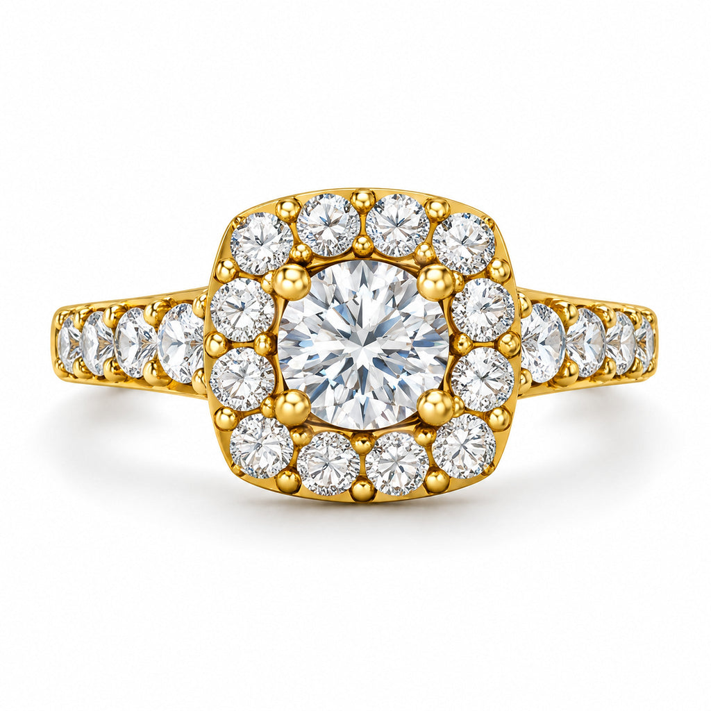 Cushion Halo Round Moissanite Engagement Ring, 0.75 ct front view