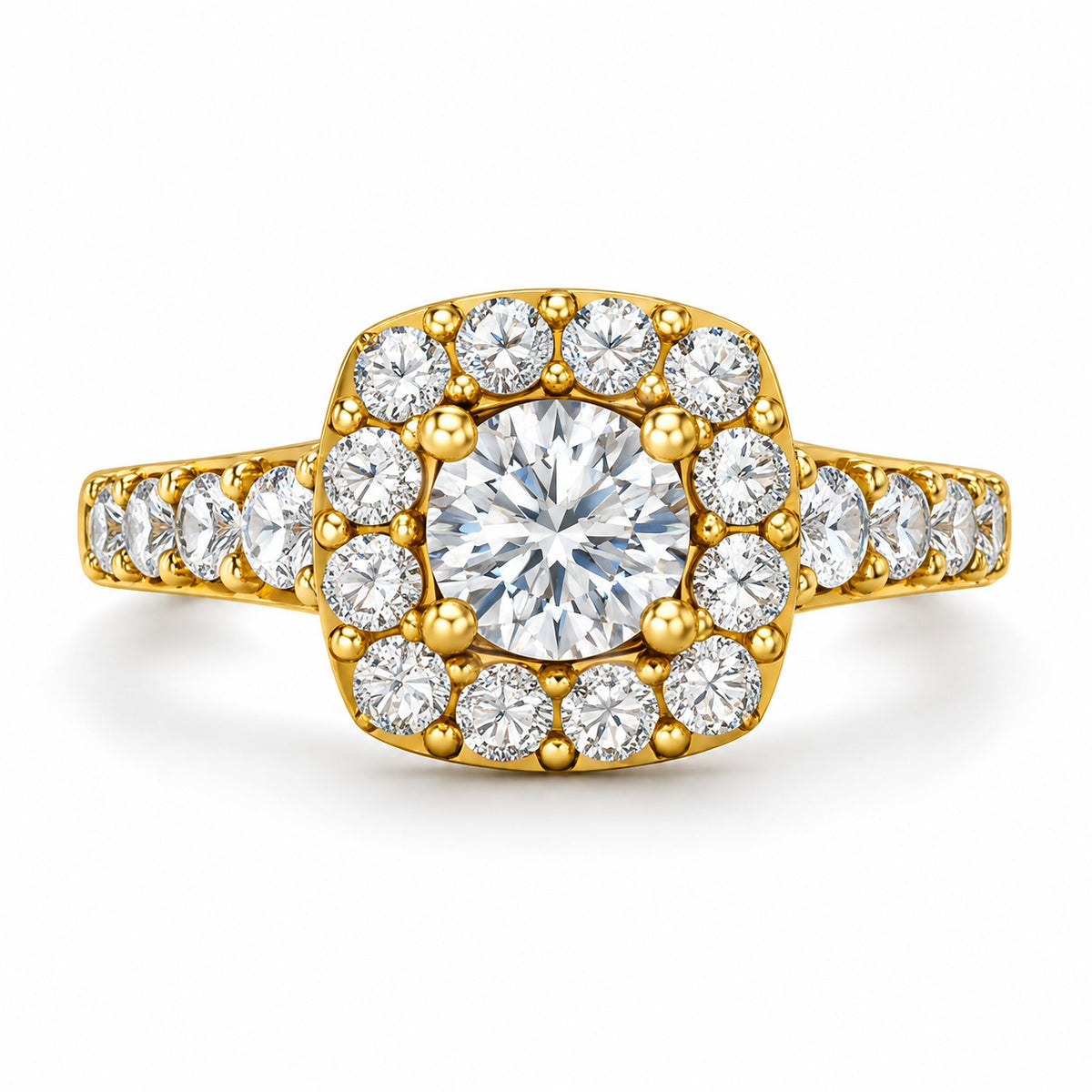 Cushion Halo Round Moissanite Engagement Ring, 0.75 ct front view