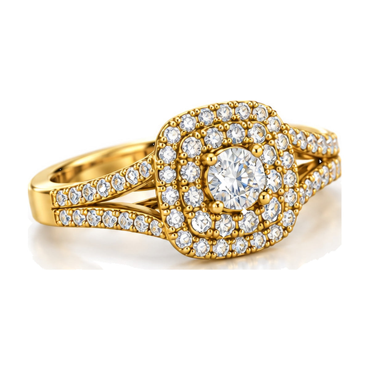 Cushion Double Halo Split Shank Round Engagement Ring, 0.33 ct angle view