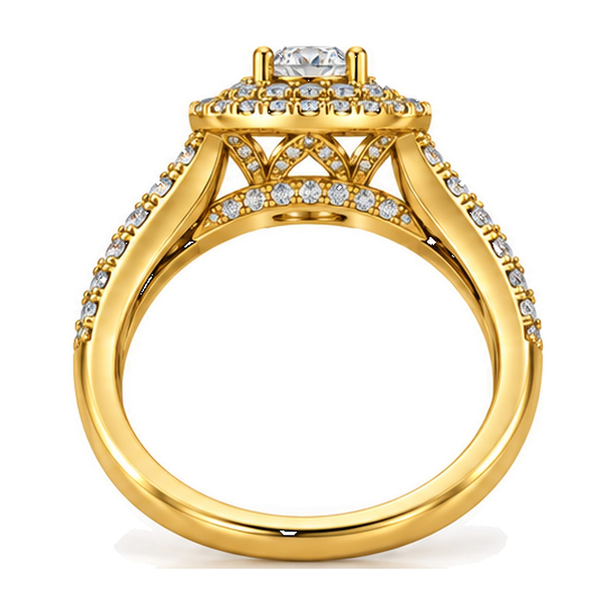 Cushion Double Halo Split Shank Round Engagement Ring, 0.33 ct back view