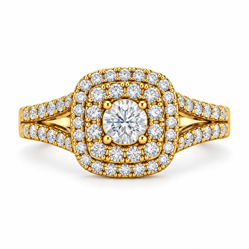 Cushion Double Halo Split Shank Round Engagement Ring, 0.33 ct front view
