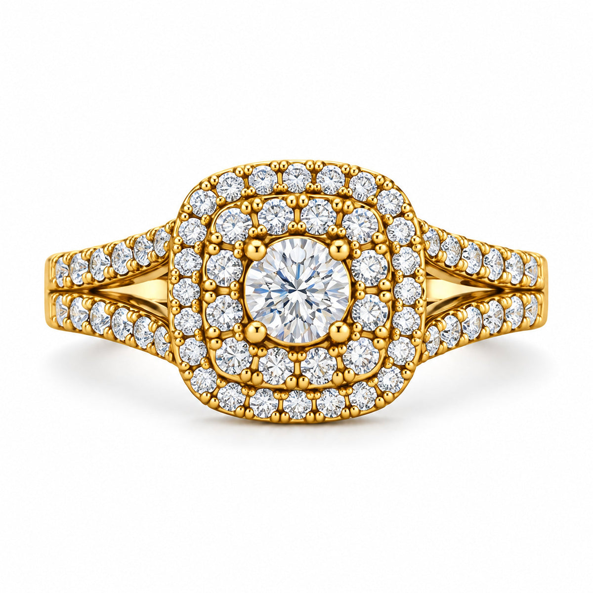 Cushion Double Halo Split Shank Round Engagement Ring, 0.33 ct front view