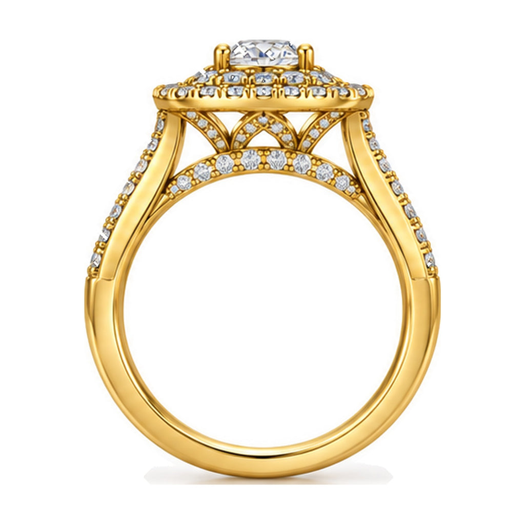 Cushion Double Halo Split Shank Round Engagement Ring, 0.33 ct side view