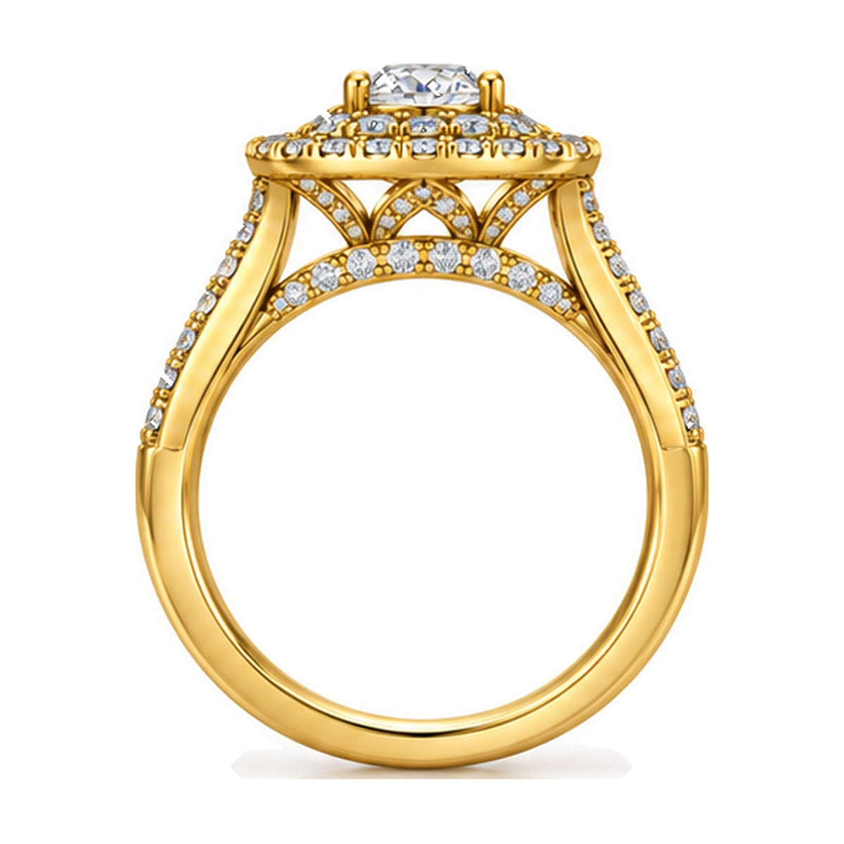 Cushion Double Halo Split Shank Round Engagement Ring, 0.33 ct side view