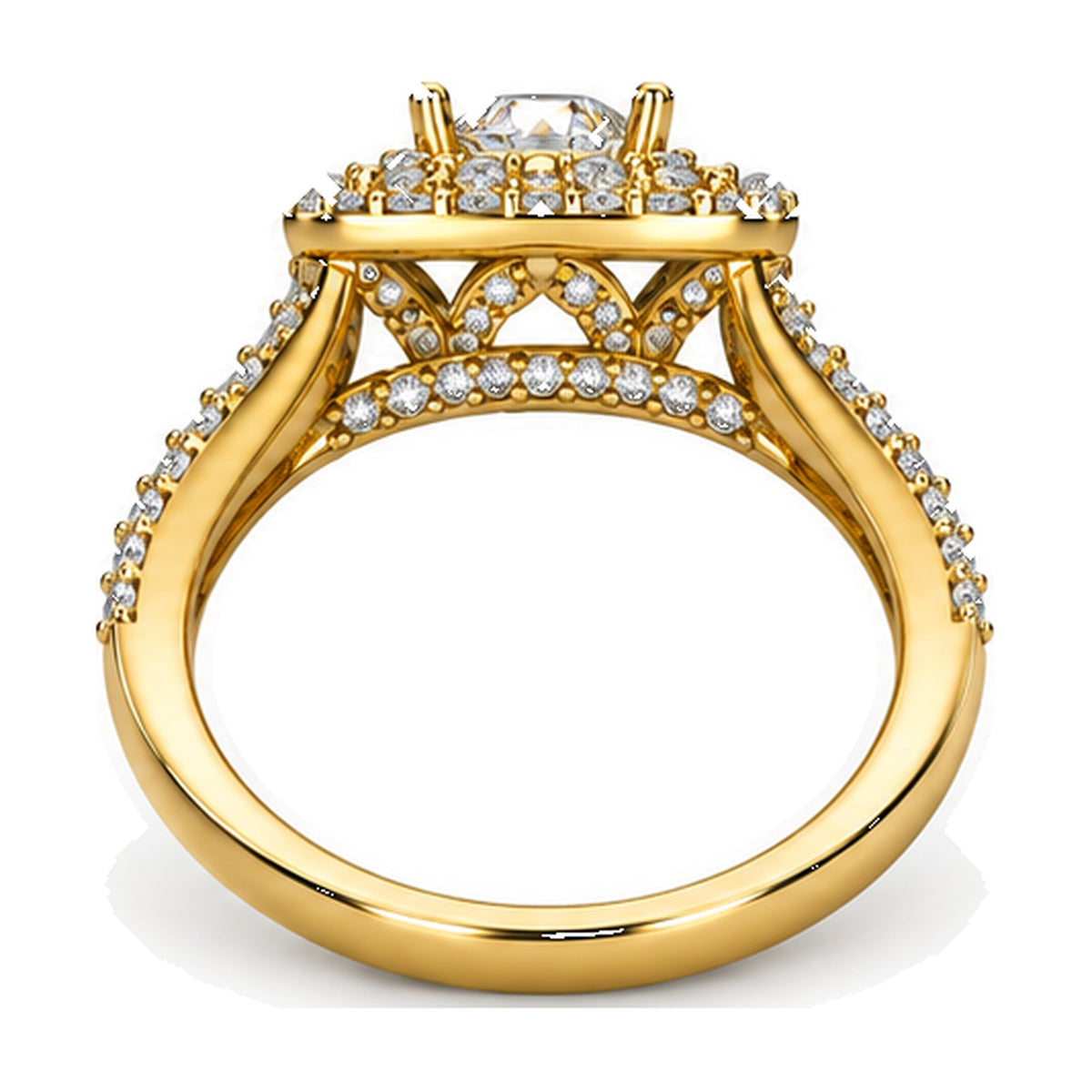 Cushion Double Halo Split Shank Round Engagement Ring, 0.50 ct back view