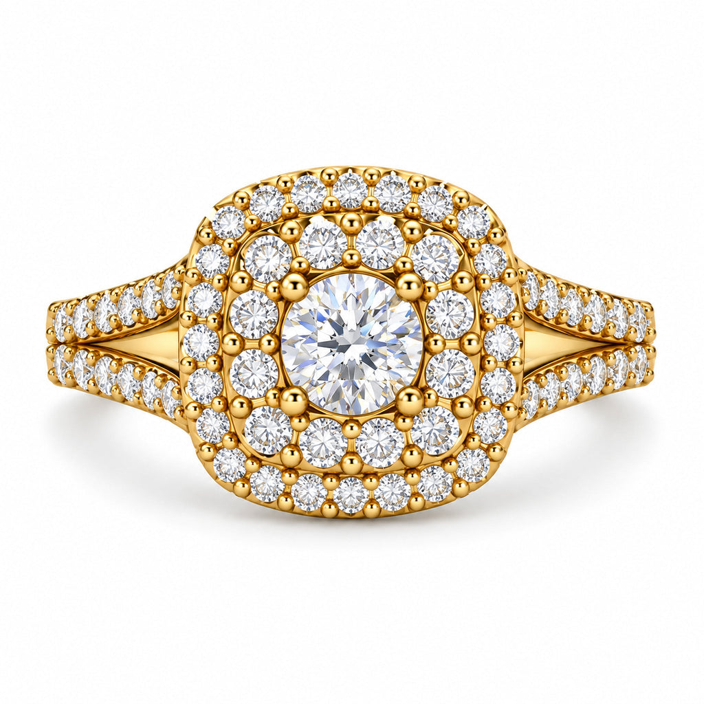 Cushion Double Halo Split Shank Round Engagement Ring, 0.50 ct front view