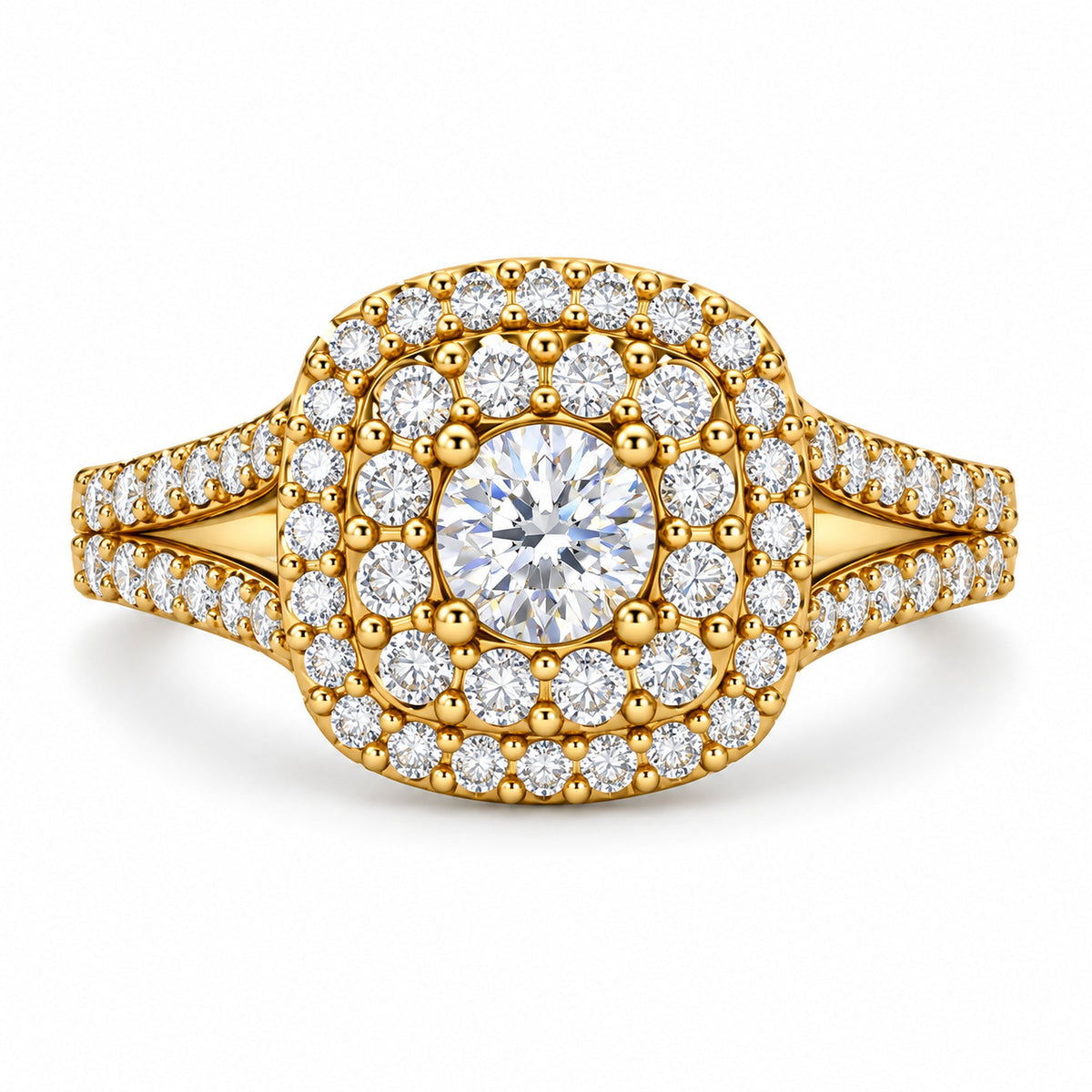 Cushion Double Halo Split Shank Round Engagement Ring, 0.50 ct front view