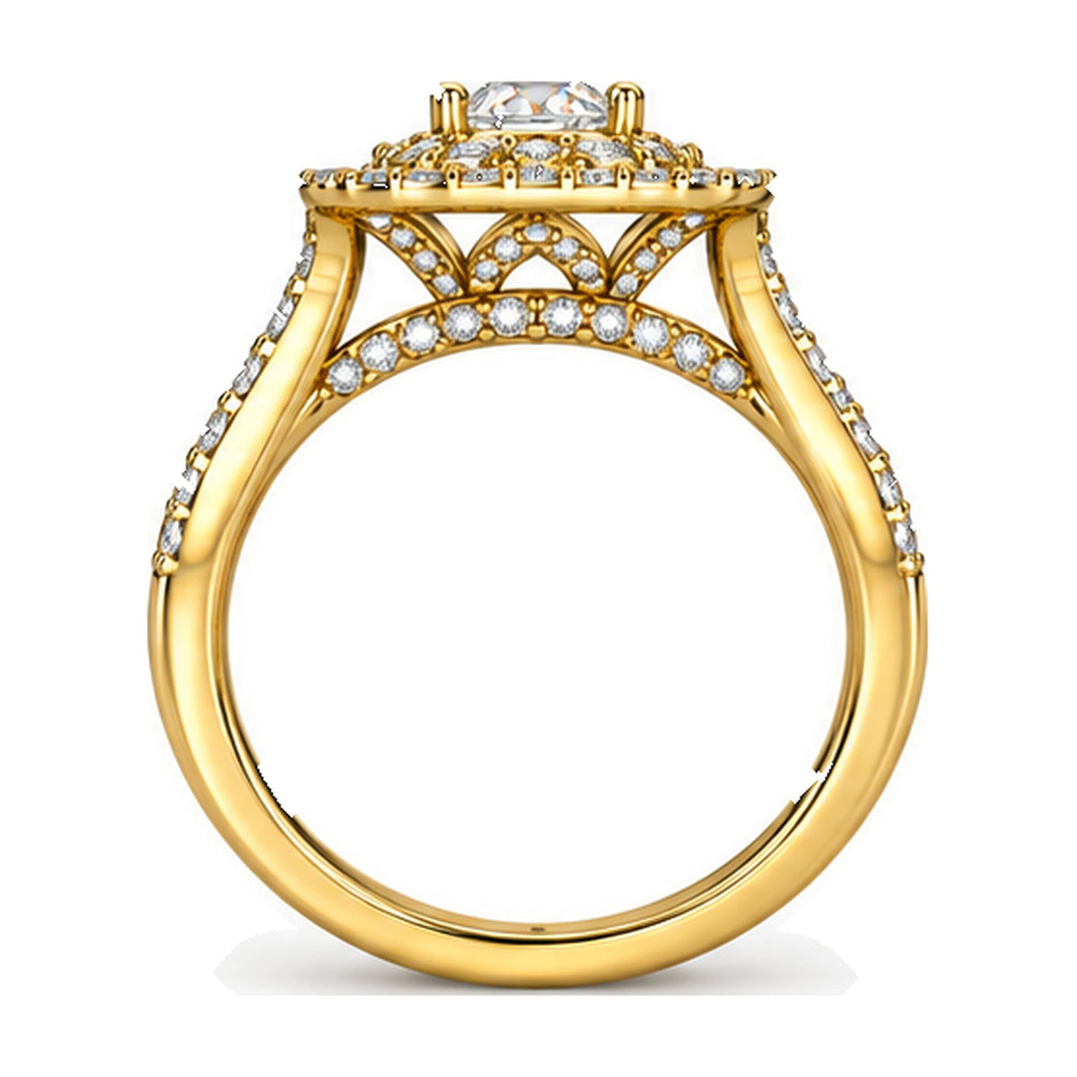 Cushion Double Halo Split Shank Round Engagement Ring, 0.50 ct side view