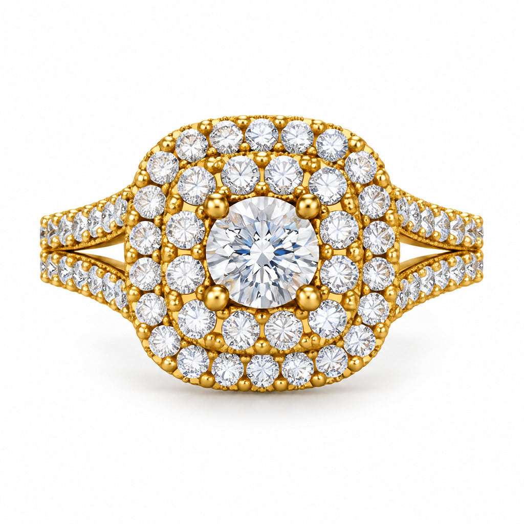Cushion Double Halo Split Shank Round Engagement Ring, 0.75 ct front view