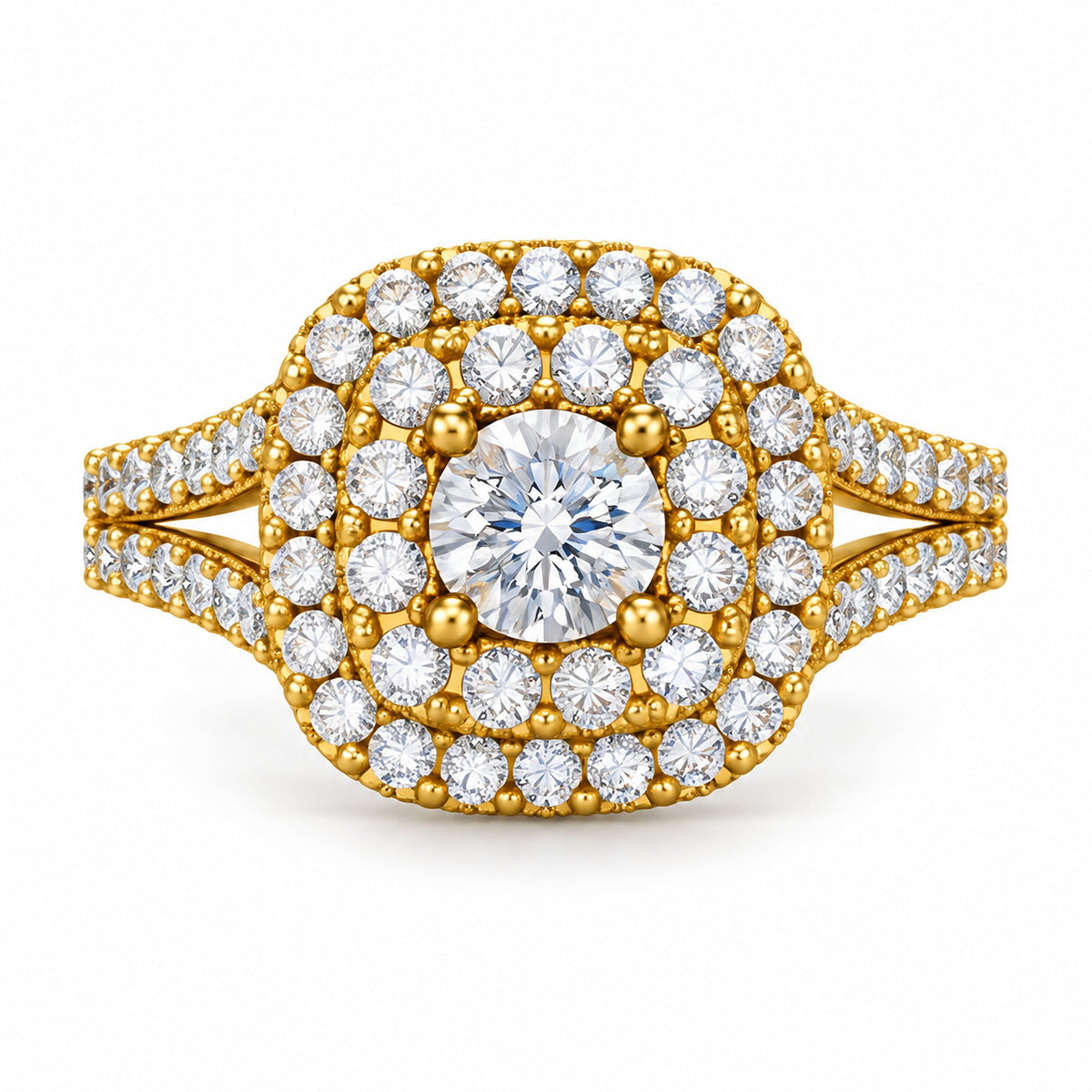 Cushion Double Halo Split Shank Round Engagement Ring, 0.75 ct front view