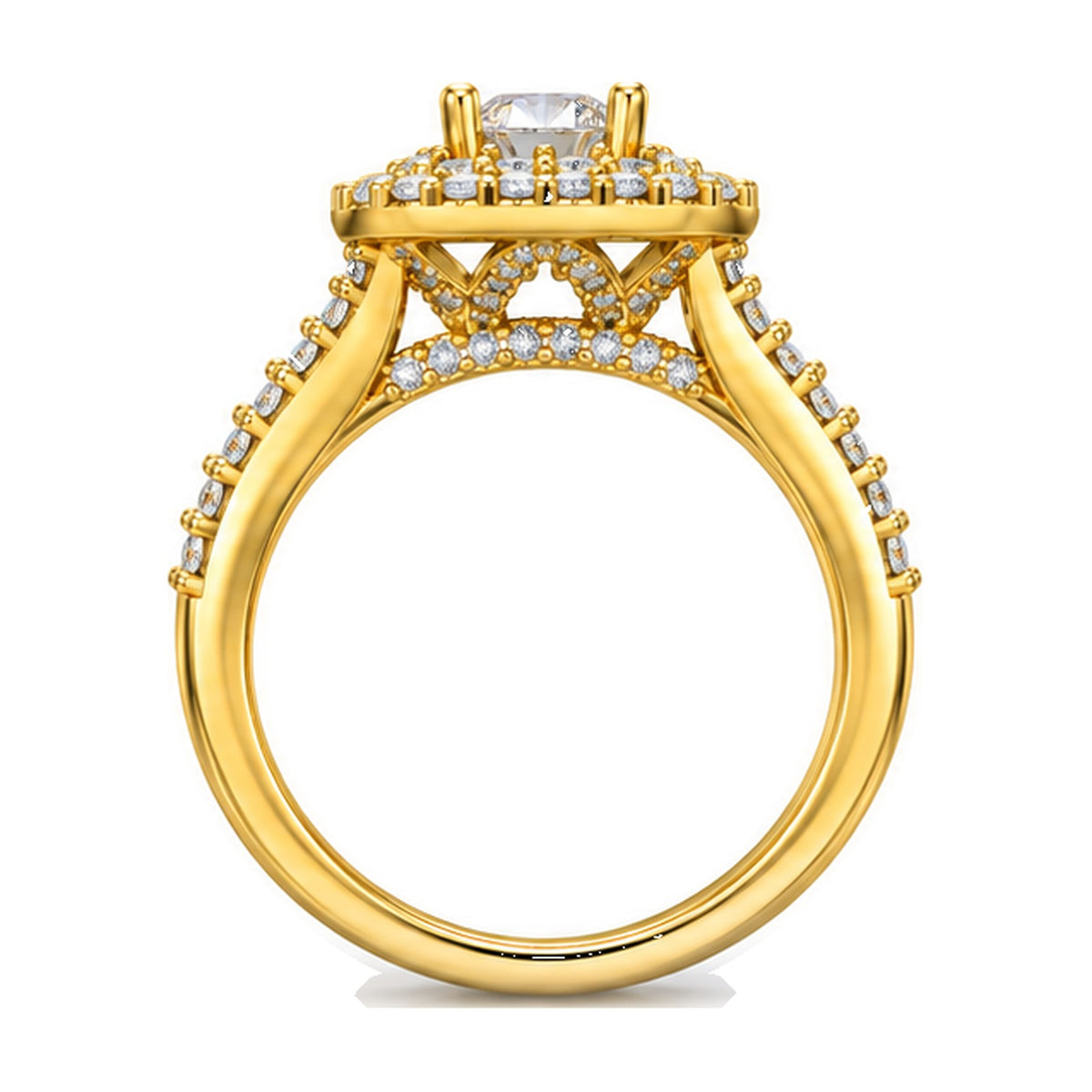Cushion Double Halo Split Shank Round Engagement Ring, 0.75 ct side view