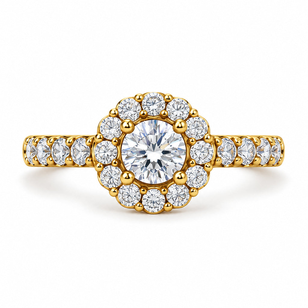 Floral Halo Round Moissanite Engagement Ring, 0.50 ct front view