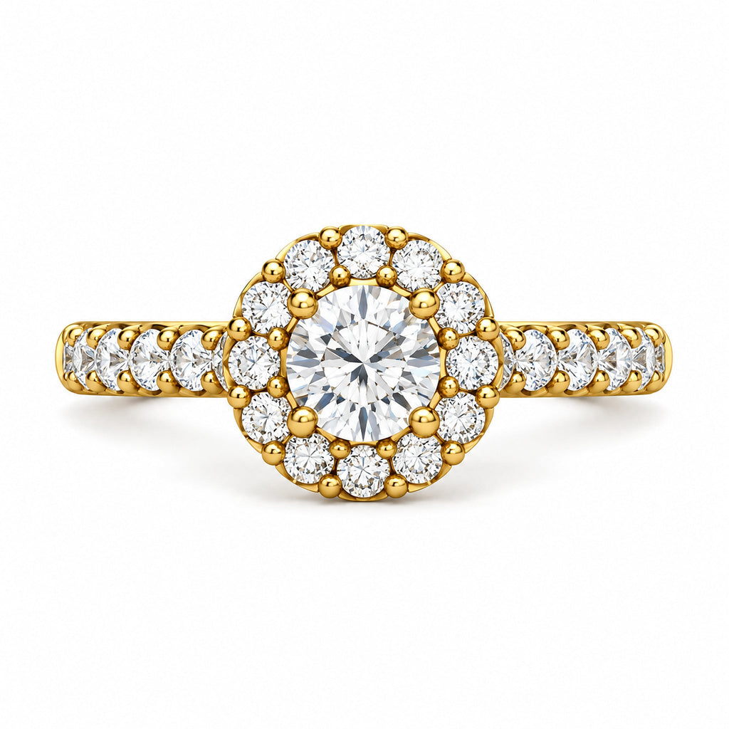 Floral Halo Round Moissanite Engagement Ring, 0.75 ct front view