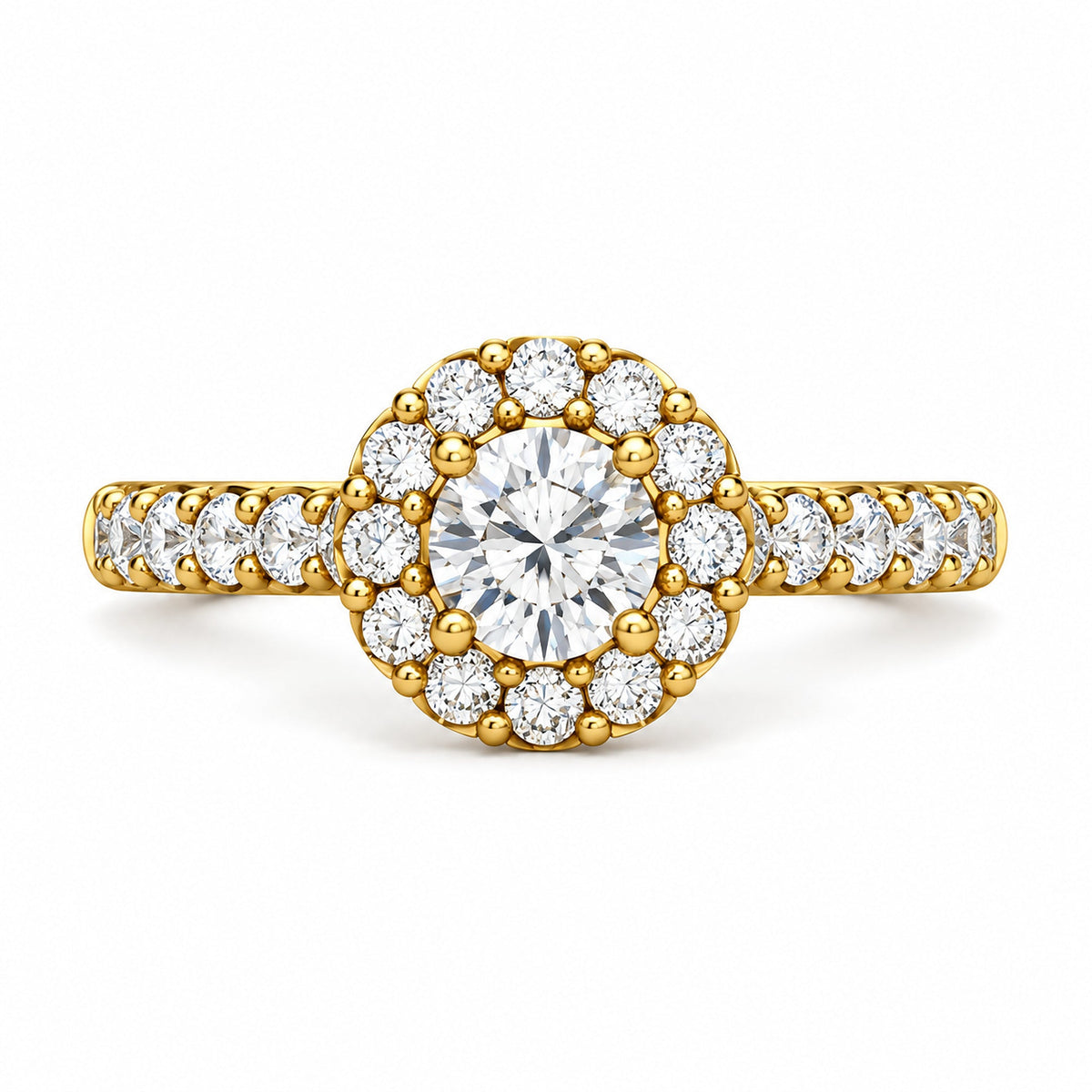 Floral Halo Round Moissanite Engagement Ring, 0.75 ct front view