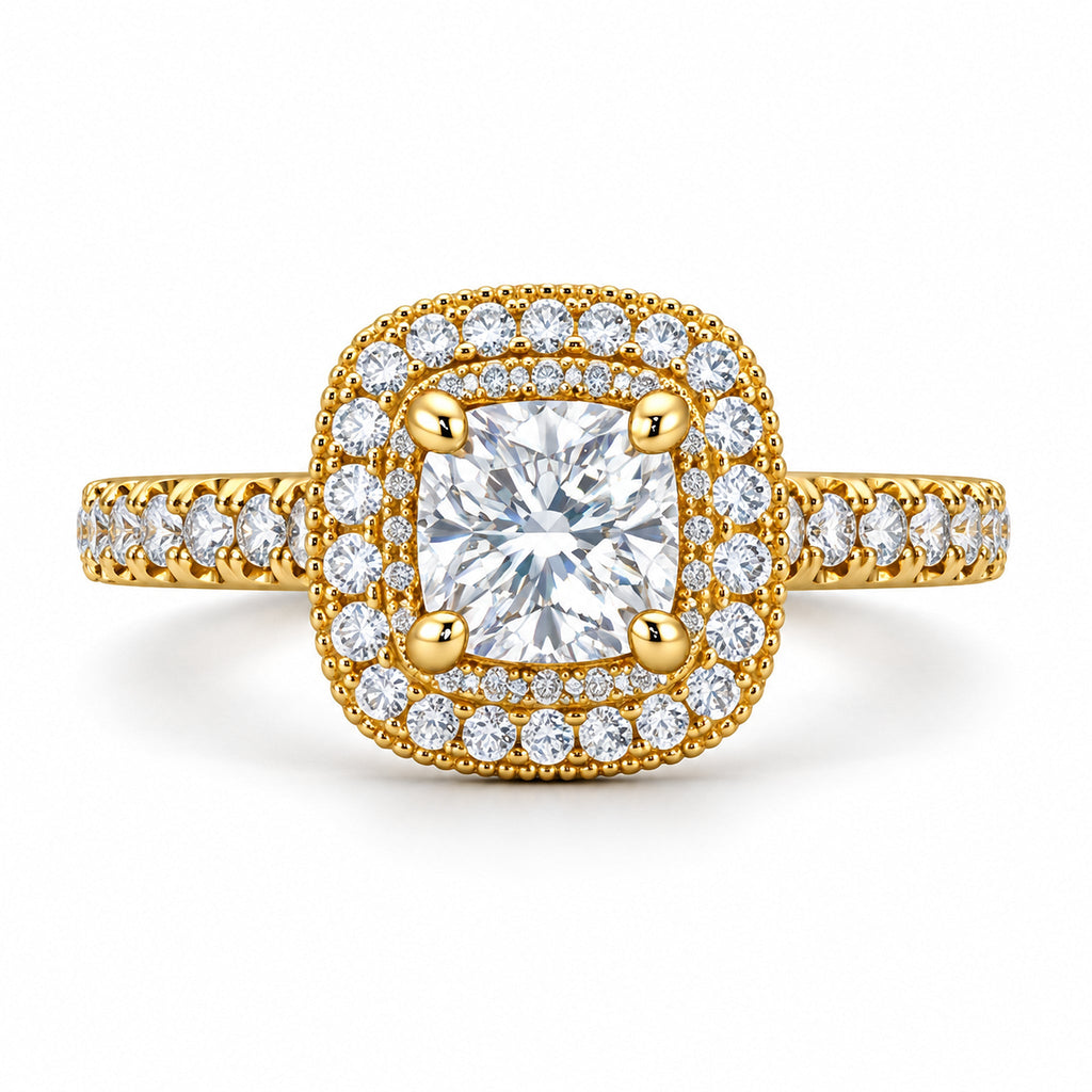 Cushion Double Halo Pavé Engagement Ring, 1 ct front view