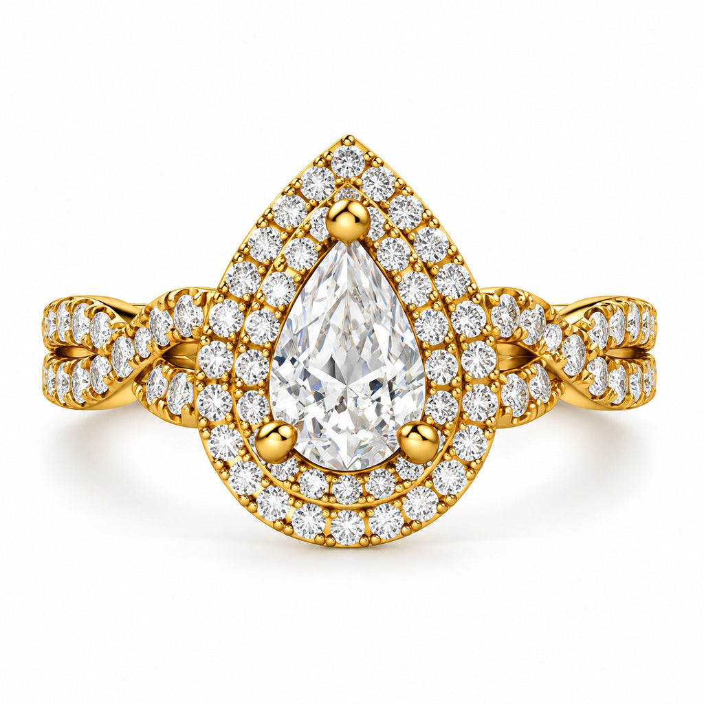 Pear Double Halo Twisted Shank Engagement Ring, 0.75 ct front view